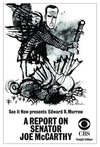 George Lois illustration advertisement for Edward R. Murrow's "A Report on Senator Joe McCarthy," airing on CBS' See It Now on March 9, 1954.